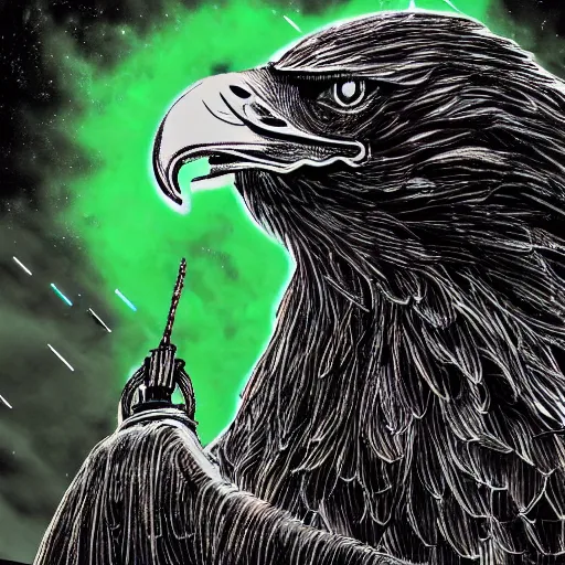 Image similar to A extremely high detail eagle wearing high detail night vision goggles, on a big church, sharp claws, cloudy, midnight, smoke, ultra high detail digital art, trending on Artstation