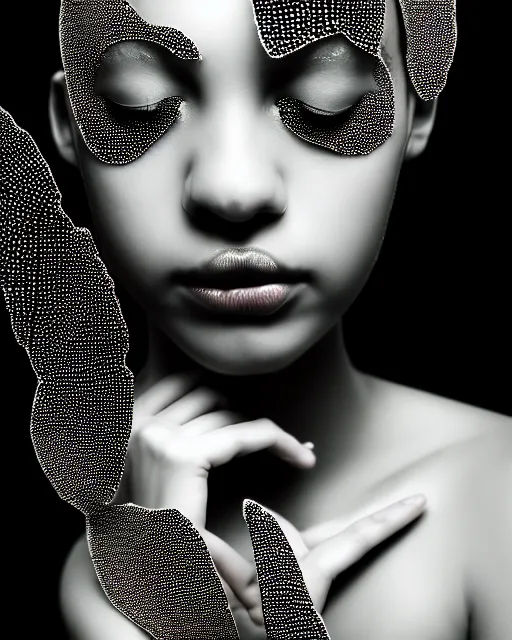 Prompt: black and white dreamy spiritual female water - insect - cyborg high quality portrait photo, microchip leaves, artificial intelligence, cinematic, rim light, photo - realistic, elegant, high detail, 8 k, masterpiece, high fashion, in the style of man ray