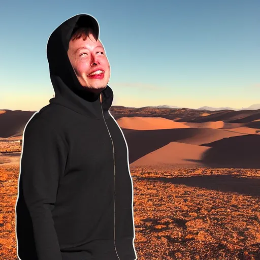 Prompt: elon musk as a hooded traveler in the desert