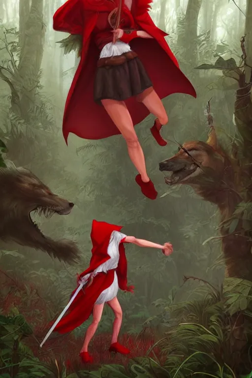 Prompt: red riding hood beating the crap out of the wolf in a tall overgrown forest, encountering a magical orb, award winning illustration, artstation