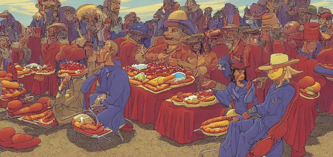 Image similar to an original jean giraud digital art masterpiece of a religious decree prohibiting hotdog buns, hotdogs without buns, discarded hotdog buns