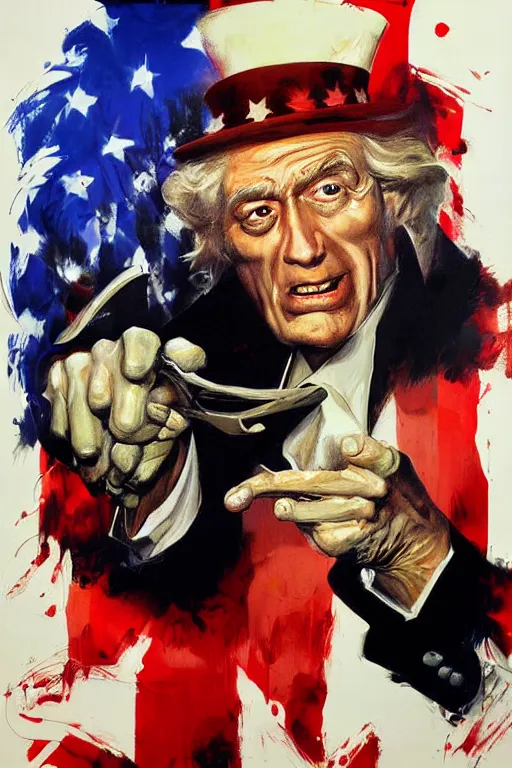 Prompt: expressive exaggerated portait painting of uncle sam, alex ross!!!, phil hale!!!!, visible brush strokes, graphic,'action lines '!!!!, striking, sharp, hd image