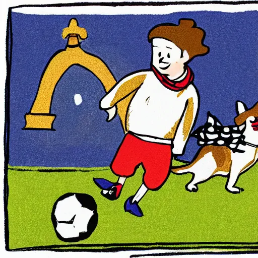 Image similar to illustration of french boy in paris playing football against a corgi, the corgi is wearing a polka dot scarf