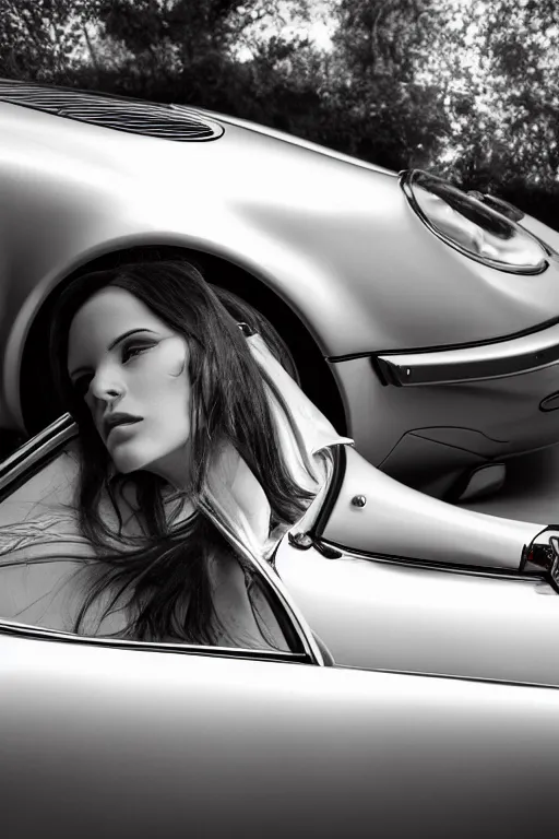 Prompt: Photo of a beautiful model leaning on a silver Porsche 911 Carrera 3.2, daylight, dramatic lighting, award winning, highly detailed, fine art photography