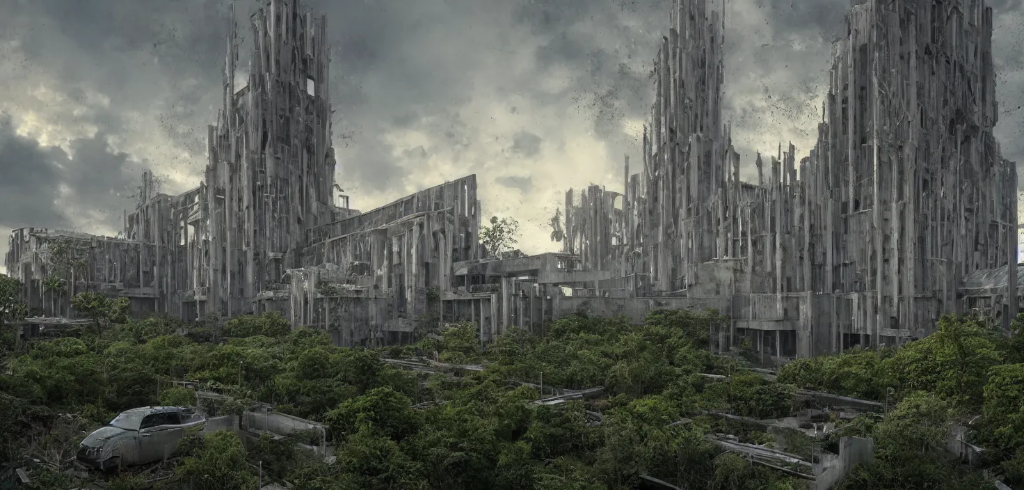 Image similar to an extremely detailed cathedral of brutalist architecture, surrounded by lush green vegetation, stunning volumetric lighting, sunset, rusted metal, concrete, translucent material, stunning skies, scattered rubbish and debris, 8k, photorealistic, hyper detailed, unreal engine 5, IMAX quality, cinematic, epic lighting, digital painting in the style of DOOM and Quake, by Greg Rutkowski, trending on Artstation