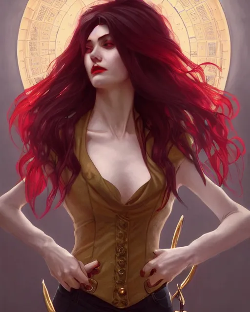 Image similar to female vampire, gold waistcoat, red shirt, grey hair, red necktie, cinematic, stunning, highly detailed, digital painting, artstation, smooth, hard focus, full body shot, illustration, art by artgerm and greg rutkowski and alphonse mucha