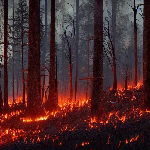 Image similar to a burned lifeless forest, with burned trees, concept art, cinematic, Christian Alzmann on ArtStation, CGSociety, Unreal Engine