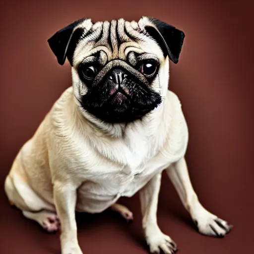 Image similar to portrait of a pug with an emo haircut, intricate detail, high contrast, studio photo, well lit,