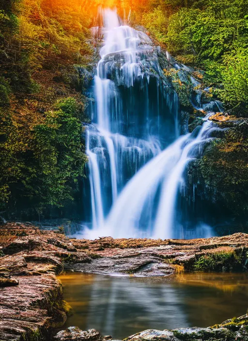Image similar to waterfall falling into a lake, photograph, landscape photography, sigma 5 0 mm, award winning, soft lighting, 4 k, hd