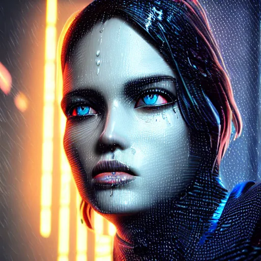 Image similar to stylish woman cartoon portrait made out of rain, pinstripe suit, cyberpunk background, rendered in octane, unreal engine, highly detailed, trending on artstation, realistic, neon, beautiful