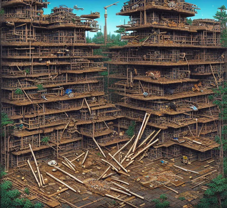 Prompt: photography hyperrealism concept art of highly detailed beavers builders that building highly detailed futuristic city with sticks by hasui kawase and scott listfield sci - fi style hyperrealism