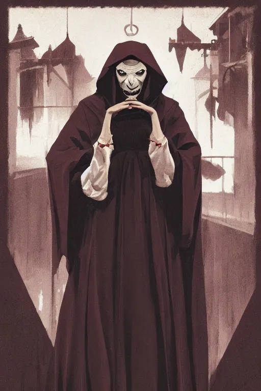 Image similar to single scary female vampire nun, evil grin, nun outfit, closeup, cinematic, dramatic, super detailed and intricate, by koson ohara, by darwyn cooke, by greg rutkowski, by satoshi kon