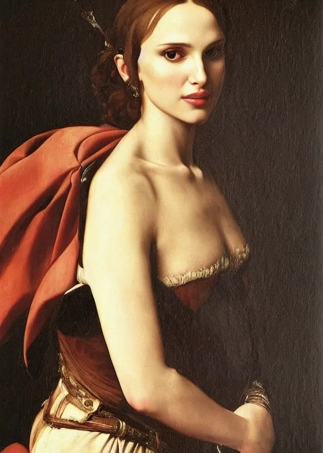 Image similar to a portrait of a Natalie Portman , beautiful clothes, oil painting in a renaissance style , very detailed, painted by Caravaggio.