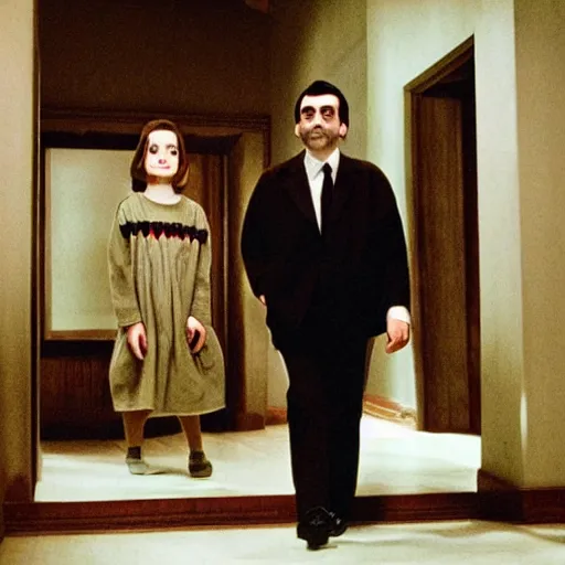 Prompt: Mr.Bean in an dark psychological thriller in the style of the movie the shining, muted colors