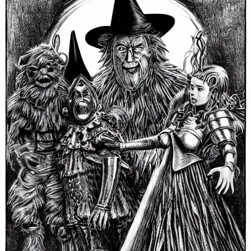 Image similar to The Wizard of Oz by Kentaro Miura, highly detailed, black and white