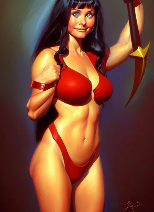 Prompt: portrait of cute young courtney cox as a slightly chubby amazon girl, full body, painted by stanley artgerm, boris vallejo, fantasy art, sleek curves, sharp focus, trending on artstation hq, deviantart