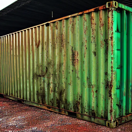 Image similar to rusty green shipping container, overcast, underexposed,