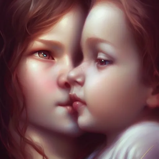 Prompt: pure love is patient love is kind, mother and child ; photorealistic oil painting by charlie bowater and mark brooks ; highly detailed cute faces by wlop ; trending on artstation