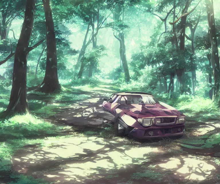 Prompt: car in a forest, anime fantasy illustration by tomoyuki yamasaki, kyoto studio, madhouse, ufotable, comixwave films, trending on artstation