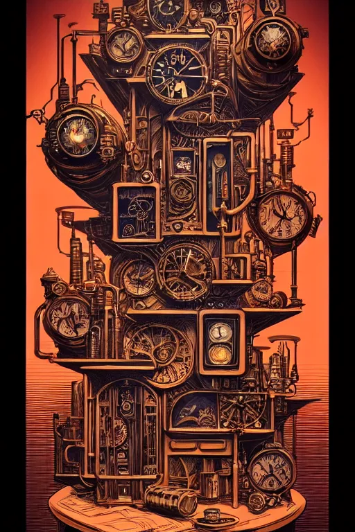 Image similar to a majestic steampunk alchemists bookshelf, two point perspective, furniture, high details, bold line art, by vincent di fate and joe fenton, inking, etching, screen print, masterpiece, trending on artstation, sharp, high contrast, hyper - detailed,, hd, 4 k, 8 k