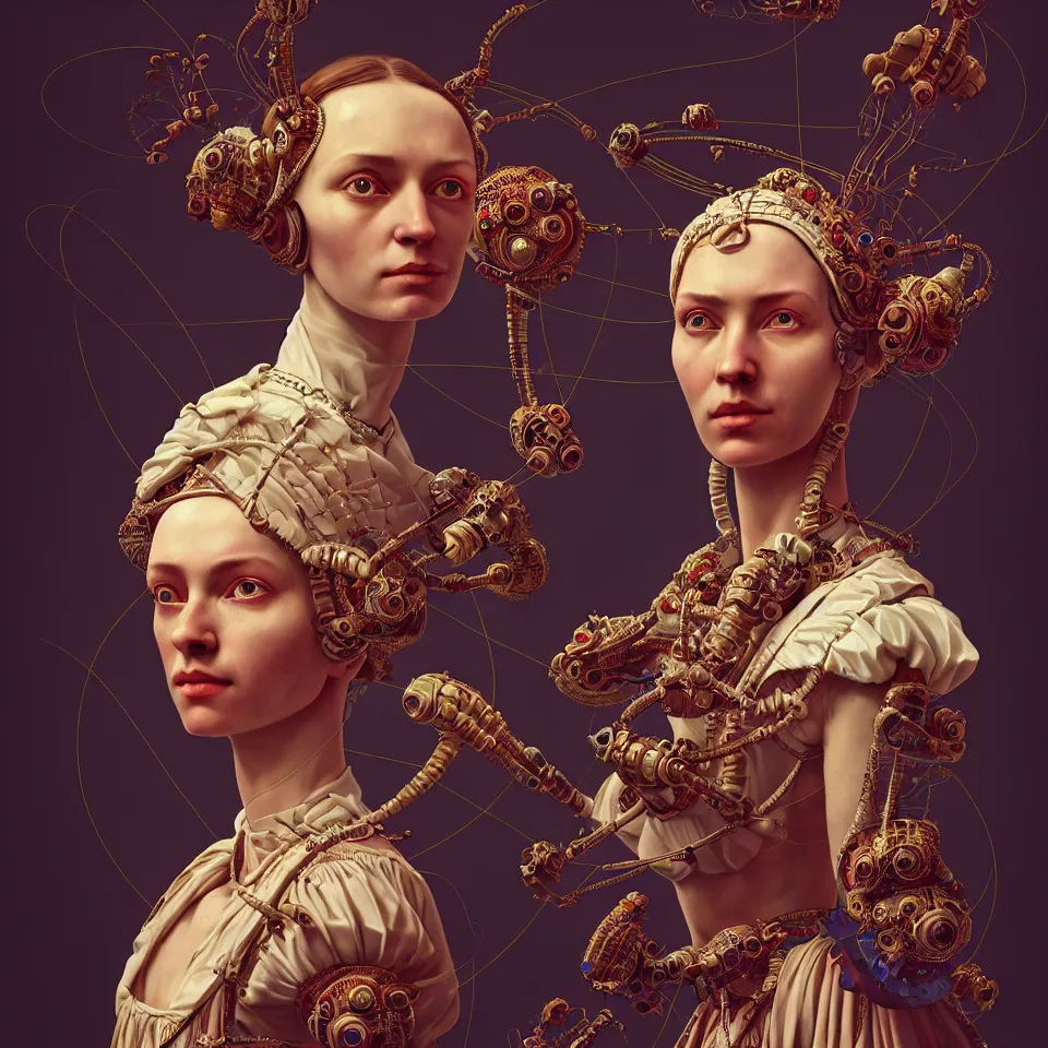 Image similar to colour caravaggio style photography of highly detailed beautiful woman with 1 0 0 0 years perfect face and wearing detailed ukrainian folk costume designed by taras shevchenko also wearing highly detailed retrofuturistic sci - fi neural interface designed by josan gonzalez. many details in style of josan gonzalez and mike winkelmann and andgreg rutkowski and alphonse muchaand