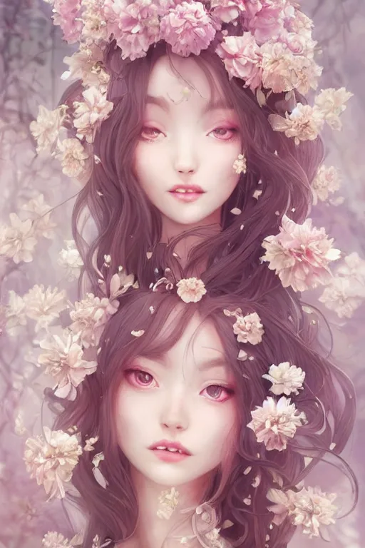 Image similar to romantic and fashion and love princess of the flower with sheath dress, 8 k realistic, teenager girl, baroque, symmetrical, flowing hair, smile, trending pinterest and pixiv, muted colors, hyperrealistic, l close up shot, character concept art, face by kyoung hwan kim, alexandra fomina, ilya kuvshinov