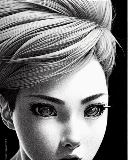 Image similar to ' bored woman with short hair ', closeup shot of face, beautiful shadowing, 3 d shadowing, reflective surfaces, illustrated completely, 8 k beautifully detailed pencil illustration, extremely hyper - detailed pencil illustration, intricate, epic composition, masterpiece, bold complimentary colors. stunning masterfully illustrated by artgerm, range murata, alphonse mucha, katsuhiro otomo.