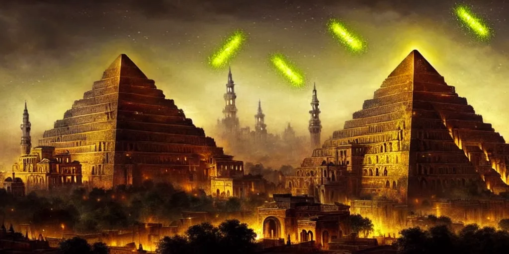 Image similar to magical city of the great tartarian empire adorned with amazing lost technology, lighting resembling fireflies, spires from rooftops collecting and distributing etheric energy, the centerpiece of the city is a colossal ancient pyramid made of metal, cityscape, combining intense detail & utmost quality, late 1 8 0 0 s photography christian hecker, artstation, - h 8 3 2