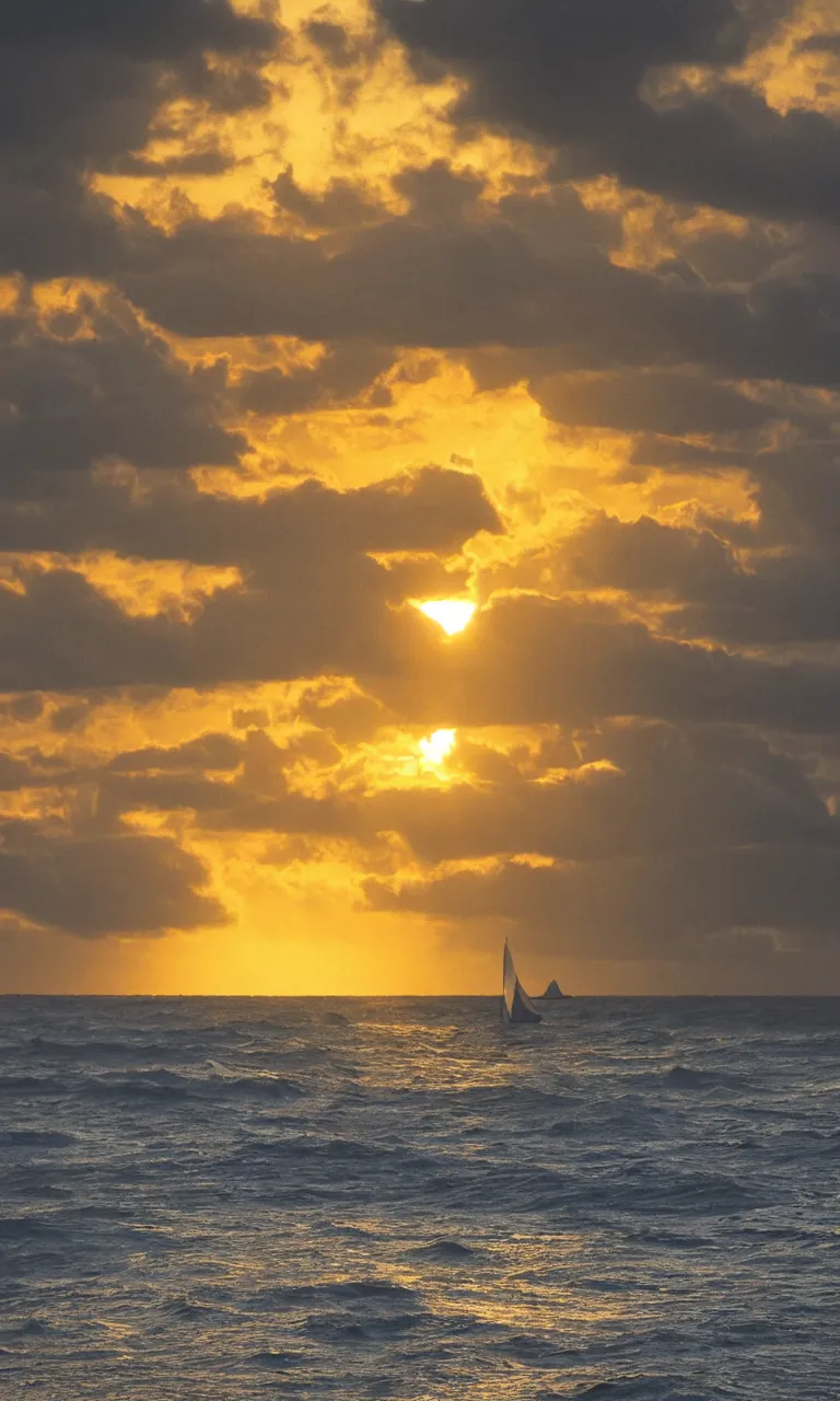 Image similar to sun setting over stormy sea, photo realistic, hyperreal, bough of sailboat in foreground