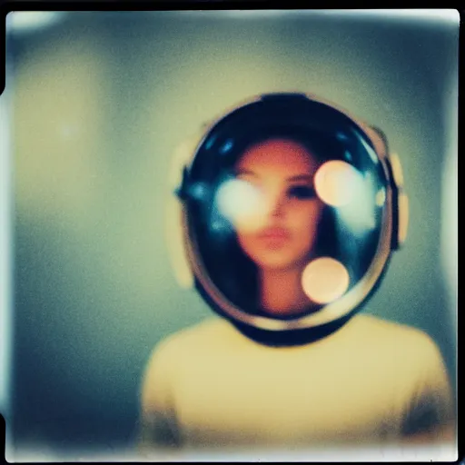 Image similar to a polaroid portrait of a beautiful woman wearing a space helmet, starry background, bokeh, lit from behind, heavy film grain, color bleed