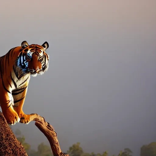 Prompt: a tiger is fighting an eagle, in a desert, a crow watching on a tree branch, foggy, early morning