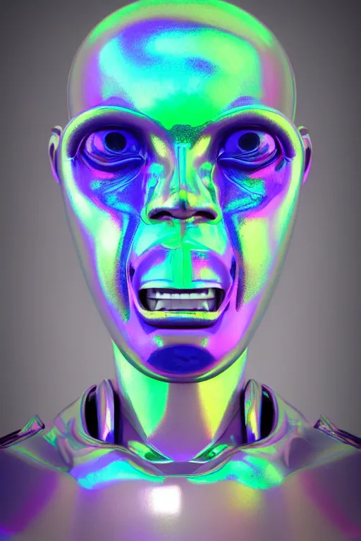 Image similar to 3d render of holographic angry human robotic screaming angry bust made of glossy iridescent, screaming, bust, surrealistic 3d illustration of a human non-binary, non binary model, 3d model human, cryengine, made of holographic texture, holographic material, holographic rainbow, concept of cyborg and artificial intelligence