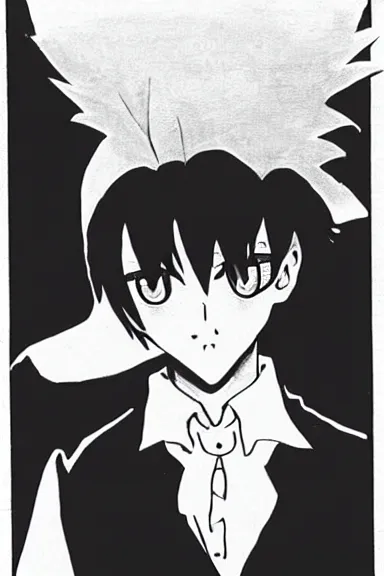 Image similar to attractive little boy in black cat suit, black and white artwork made by yoshihiro togashi,