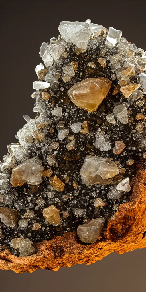 Prompt: professional photo shot of a scutigera made of silica crystal fused with rocks in the background, microscopic picture, droplets of water, grimy, gritty, trending on artstation, award winning, close shot, by aleks labuda and barry webb