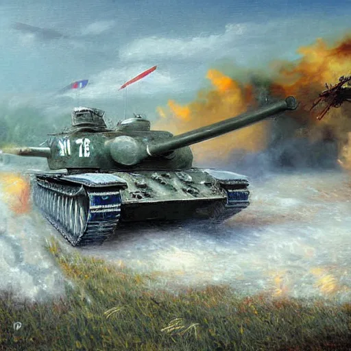 Image similar to soviet tank attack, battle painting by Mikhail Avilov