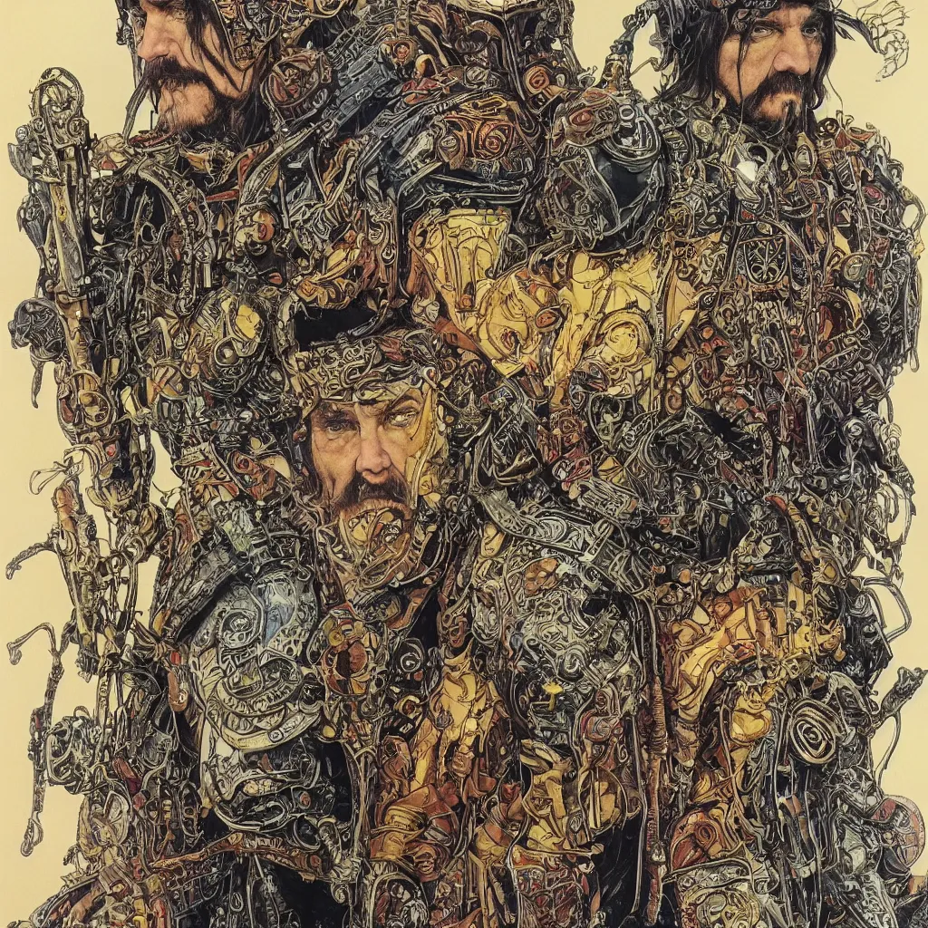 Prompt: A dramatic full-color art nouveau and tribal scandinavian styled bust panorama portrait of lemmy kilmister as a tarnished panzer tank ship god-king of the universe, hyperdetailed mixed media artwork combining the styles of Travis Charest, Michael Whelan, Bill Sienkiewicz, Duncan Fegredo, Simon Bisley, Alphons Mucha, Dave McKean and Karol Bak, vast power, stoicism, pessimism, confidence, perfectly symmetrical facial features, 8k, deeply hyperdetailed, cinematic lighting, realistic mechanical details, 8k, UHD, HDR