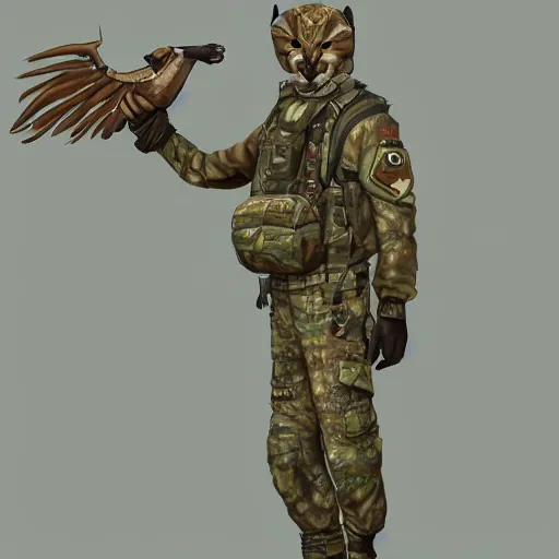 Image similar to very very beautiful avian furry art, male cute caracal wearing desert camo combat uniform, outstretched wings, commission on furaffinity, highly detailed digital art