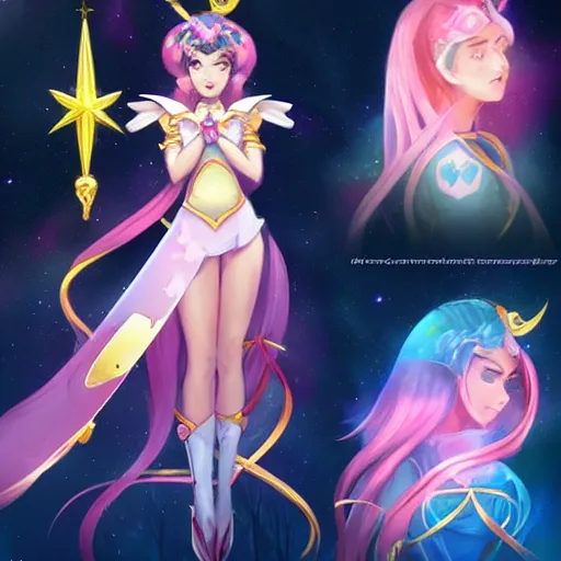 Image similar to a high fantasy portrait of a celestial magical girl, sailor moon, star guardians very beautiful, very attractive, trending on artstation, cool color scheme, unreal engine, semi - realism, deviant art, painted by rossdraws and artgem and loish