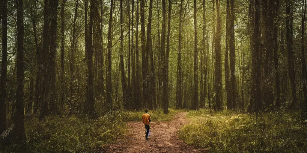 Image similar to fotorealistic image of a young man walking in the forest