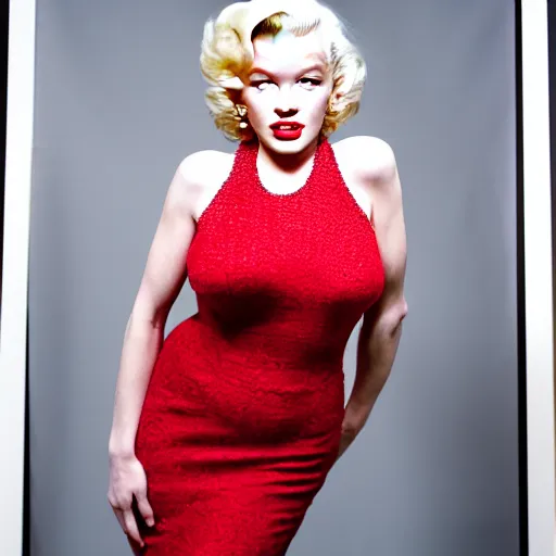 Prompt: Stunning modern studio portrait photograph of the original female model named Marilyn Monroe standing in a white room wearing a red dress, XF IQ4, f/1.4, ISO 200, 1/160s, 8K, RAW, unedited, symmetrical balance, in-frame, sharpened