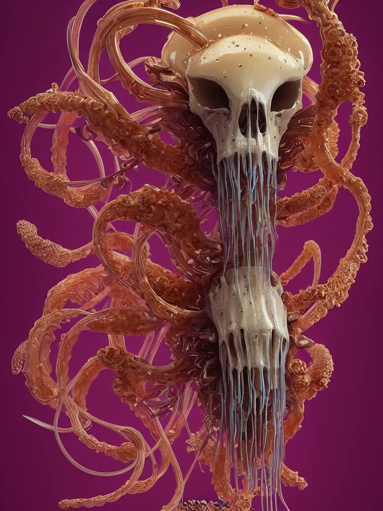 Image similar to close-up portrait ram skull abstract 3d composition. jellyfish phoenix head, nautilus, orchid, moebius, mucha, New art nouveau, skull, gold betta fish, bioluminiscent creatures, intricate artwork by Tooth Wu and wlop and beeple. octane render, trending on artstation, greg rutkowski very coherent symmetrical artwork. cinematic, hyper realism, high detail, octane render, 8k