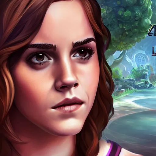 Image similar to Emma Watson as a character in the game League of Legends, with a background based on the game League of Legends, detailed face, old 3d graphics