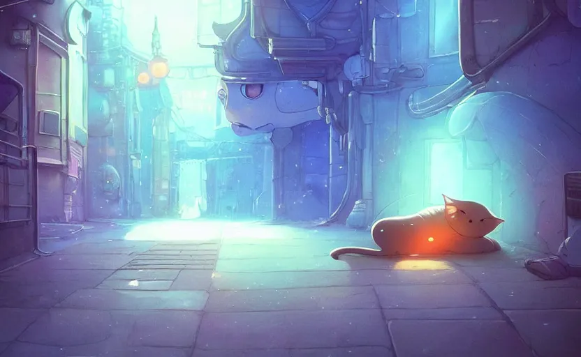 Image similar to an alien cat sleeping in a alleyway in a space opera utopian studio ghibli animated film, global illumination, beautiful composition, volumetric lighting, octane render by artgerm, loish, alena aenami, highly detailed