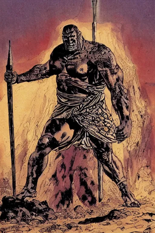 Image similar to ancient historically accurate depiction of the Bible Character Goliath of Gath, the Philistine warrior giant by frank miller