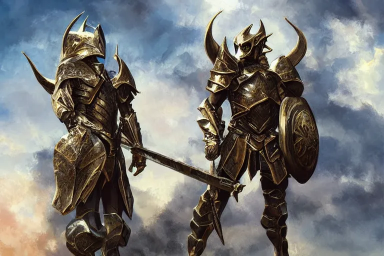 Image similar to armor, fantasy, painting, ultra realistic!!!, clear weather, golden hour, sharp focus