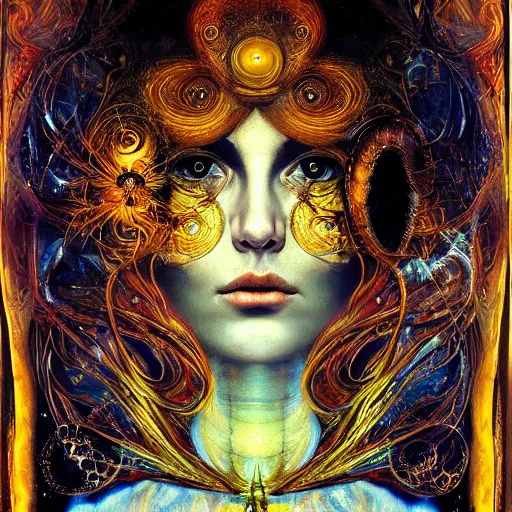 Prompt: Divine Chaos Engine by Karol Bak, Jean Deville, Gustav Klimt, and Vincent Van Gogh, beautiful visionary mystical portrait, sacred, otherworldly, fractal structures, ornate gilded medieval icon, third eye, spirals, handless, no hands