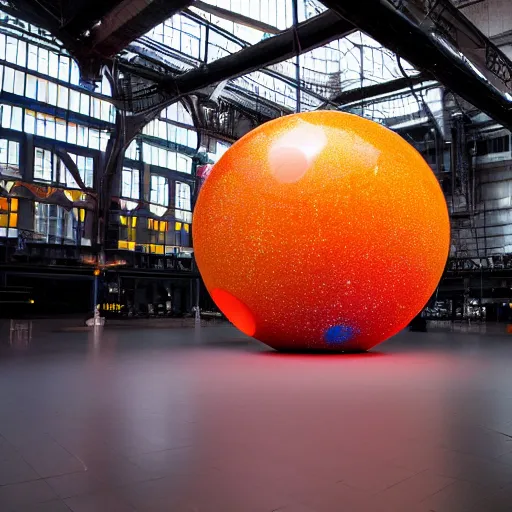 Image similar to high quality professional canon wide - angle lens photo of large scale immersive public art installation inside printworks london venue width lsingle big suspended sphere with space liquid planet visuals projected on it. rich colors, high contrast, gloomy atmosphere, dark background. trending on artstation.