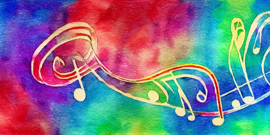 Image similar to musical notes in a prism rainbow, a curvy staff of musical notation flowing out of a prism rainbow. comic book panel background, muted colors, dreamy watercolor wash, in the style of Pink Floyd Dark Side of the Moon