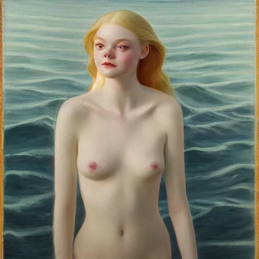 Prompt: Painting of Elle Fanning lost at sea, long blonde hair, delicate, pale milky white porcelain skin, by Edward Hopper. 8K. Extremely detailed.
