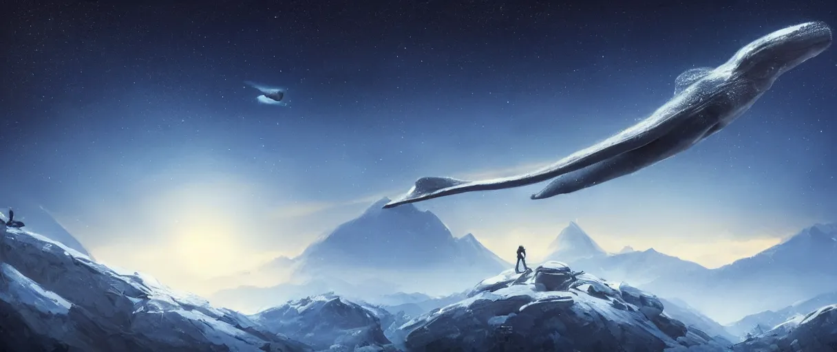 Image similar to blue whale flying in sky, above mountains, concept art, snow, starry sky, nighttime, full moon, by Jordan grimmer, realistic, high detail